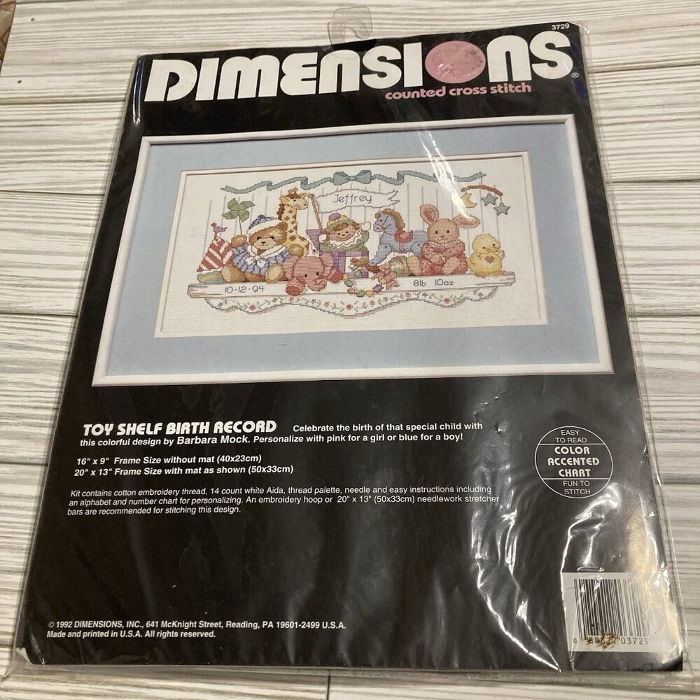 New Dimensions Toy Shelf Birth Record Baby Counted Cross Stitch Kit 1992 #3729